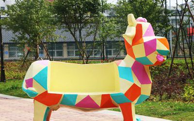 幾何塊面奶牛動物座椅擺件玻璃鋼雕塑卡通抽象園林景區商場裝飾品